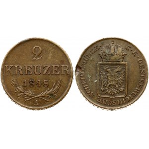 Austria 2 Kreuzer 1848A Franz Joseph I(1848-1916). Obverse: Crowned shield. Reverse: Denomination and date above spray...