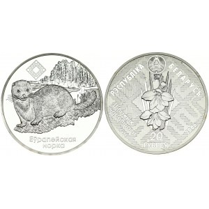 Belarus 20 Roubles 2006 Chervomy Bar. Obverse: National arms; blooming plant. Reverse: European mink. Silver...