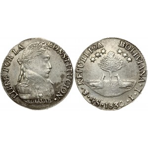 Bolivia 4 Soles 1830PTS JL Obverse: Additional mint mark on lower part of island. Reverse: Uniformed bust right. Silver...