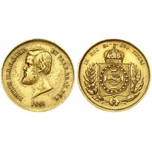 Brazil 5000 Reis 1855 Pedro II(1831-1889).Obverse: Head left. Reverse: Crowned arms within wreath.  Gold 4.41g...