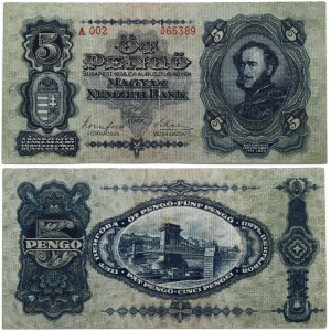 Hungary 5 Pengo 1928 Banknote. Obverse: Grof (Count) Szechenyi Istvan. Reverse: Chain Bridge; Budapest. S/N A002 065389...