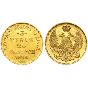 Russia For Poland 3 Roubles - 20 Zlotych 1834 СПБ-ПД Nicholas I (1826-1855). Obverse: Shield within wreath on breast...