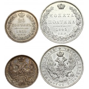Russia 20 Kopecks 1851 СПБ-ПА & 1 Poltina 1845 СПБ-КБ St. Petersburg. Nicholas I (1826-1855). Obverse...