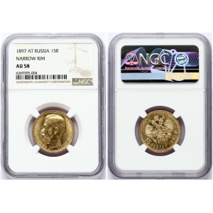 Russia 15 Roubles 1897 (АГ) St. Petersburg. Nicholas II (1894-1917). Obverse: Head left. Reverse: Crowned double...