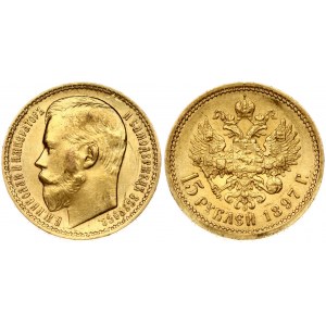 Russia 15 Roubles 1897 (АГ) St. Petersburg. Nicholas II (1894-1917). Obverse: Head left. Reverse: Crowned double...