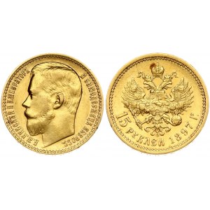 Russia 15 Roubles 1897 (АГ) St. Petersburg. Nicholas II (1894-1917). Obverse: Head left. Reverse: Crowned double...