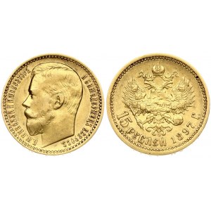 Russia 15 Roubles 1897 (АГ) St. Petersburg. Nicholas II (1894-1917). Obverse: Head left. Reverse: Crowned double...