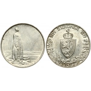 Norway 2 Kroner 1914 Constitution centennial. Haakon VII (1905-1957). Obverse: Crowned shield. Reverse...