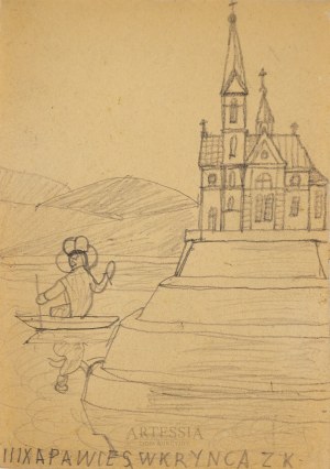 Nikifor Krynicki (1895-1968), Pejzaż ze świętym w łódce i kościołem na wyspie