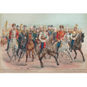 Portret konny cara Mikołaja II w mundurze gwardii w otoczeniu świty