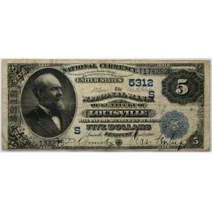 USA, Kentucky, National Bank of Louisville, 5 Dollars 1882, Value Back