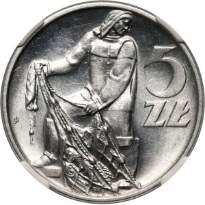 PRL, 5 złotych 1958, Rybak, wąska cyfra 8, chude ramię