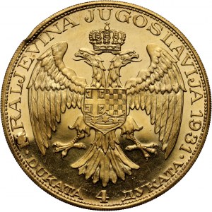 Jugosławia, Aleksander I, 4 dukaty 1931, kontramarka - ptaki