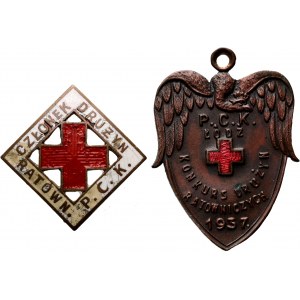II RP, zestaw odznak PCK, Konkurs drużyn ratowniczych Łódź 1937 i członek drużyn ratowniczych