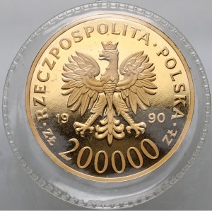 III RP, 200000 gold 1990, Warsaw, Solidarity (39 mm)