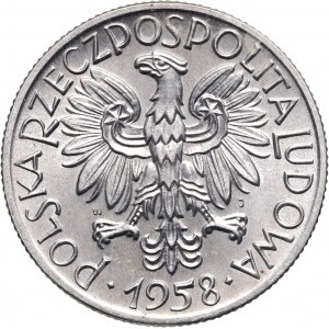 PRL, 5 Zloty 1958, Fischer, schmale Figur 8, Sonnenschein