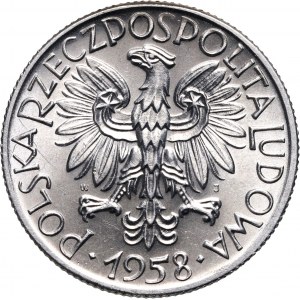 PRL, 5 Zloty 1958, Fischer, schmale Figur 8