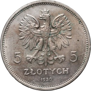 II RP, 5 złotych 1930, Warszawa, Sztandar, stempel płytki