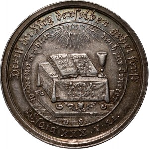 Gdańsk, medal z 1730 roku (chronogram), 200-lecie Wyznania Augsburskiego