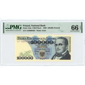 100.000 złotych 1990 - seria AT 0000405 - PMG 66 EPQ