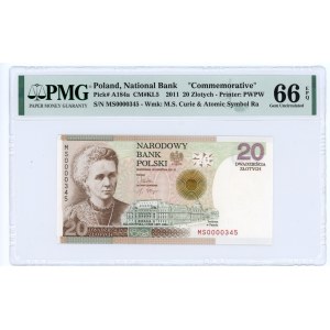 20 złotych 2011 - Maria Skłodowska Curie - seria MS niski nr 0000345 PMG 66 EPQ