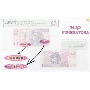 20 złotych 1994 - seria GC GC0330298 oraz GC0330798 - błędny numerator - PMG 67 EPQ