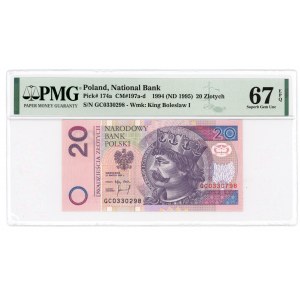 20 złotych 1994 - seria GC GC0330298 oraz GC0330798 - błędny numerator - PMG 67 EPQ