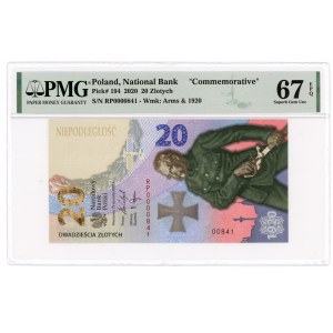 20 złotych 2020 - seria RP niski nr 0000841 PMG 67 EPQ