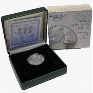 Srebrna replika monety Rybak o nominale 5 zł z 1958 roku