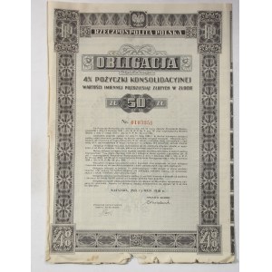 Obligacja 4% pożyczki konsolidacyjnej 50 złotych II RP 15 maja 1936