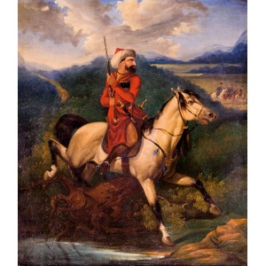 Józef BRODOWSKI  (młodszy), CZERKIES NA ZWIADACH OBSERWUJĄCY ŻOŁNIERZY ROSYJSKICH, 1847 Olej, płótno 70,5 x 53 cm Sygnowany p.d.: J.B. 1847