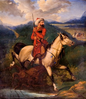 Józef BRODOWSKI  (młodszy), CZERKIES NA ZWIADACH OBSERWUJĄCY ŻOŁNIERZY ROSYJSKICH, 1847 Olej, płótno 70,5 x 53 cm Sygnowany p.d.: J.B. 1847