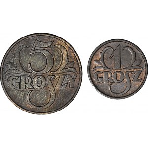 Zestaw 2 szt. II RP, 1 grosz 1936 i 5 groszy 1939