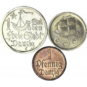 3 szt. FAŁSZERSTWA, 1 gulden 1923, 1/2 guldena 1927 i 1 fenig 1937