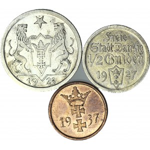 3 szt. FAŁSZERSTWA, 1 gulden 1923, 1/2 guldena 1927 i 1 fenig 1937