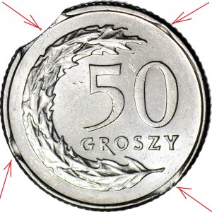 RRR-, 50 groszy 1992, DESTRUKT - POCZWÓRNY błąd wykrojnika