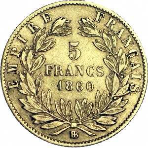Francja, Napoleon III, 5 franków 1860 BB, Strasbourg