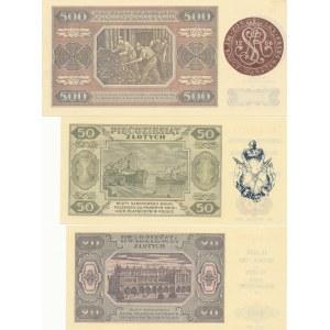 Zestaw 500, 50 i 20 złotych 1948, z nadrukami okolicznościowymi