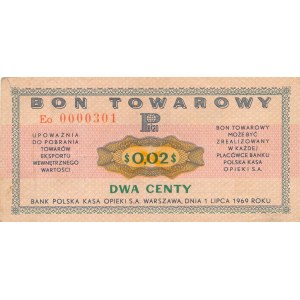 Pewex Bon Towarowy 2 centy 1969, ser. Eo0000301, niski numer z czterema zerami