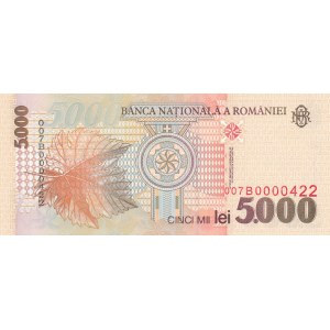 Rumunia, 5.000 lei 1998, niski nr. B 0000422