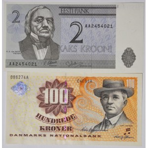 Zestaw 2 szt., Dania 100 koron 2002 + Estonia 2 korony 1992