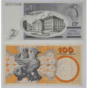 Zestaw 2 szt., Dania 100 koron 2002 + Estonia 2 korony 1992