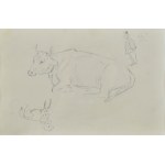 Karol KOSSAK (1896-1975), Szkice leżącej krowy, konia, rysunek satyryczny mężczyzny w cylindrze, 1922