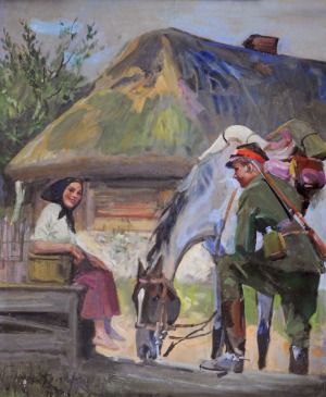 Wojciech Kossak (1856-1942), Ułan z dziewczyną przy studni