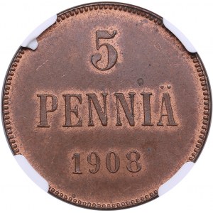 Russia, Finland 5 pennia 1908 - NGC MS 64 BN