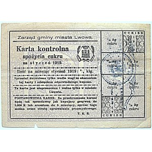 KARTA KONTROLNA spożycia cukru na styczeń 1919. Zarząd gminy miasta Lwowa. Format 15/11 cm. Druk jednostronny