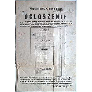 OGŁOSZENIE. L. 85/10/31. [Sygnatura poprawiona ręczne na 99/10/31. Magistrat król. w. miasta Stryja. Stryj...