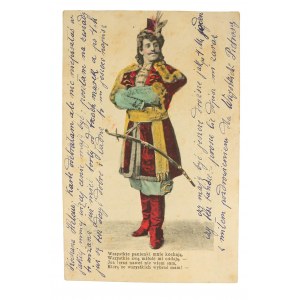 [VARIA] Piękna pocztówka miłosna SZLACHCIC Z KARABELĄ miejscowo złocona, długi adres, 1904r.