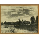 [ZBĄSZYŃ] Fotografia Leon Domagalski widok na wieże kościoła Njświętszej Maryi Panny Wniebowiętej, sygnowana pod pracą, 23 x 16,5cm, 1946r.