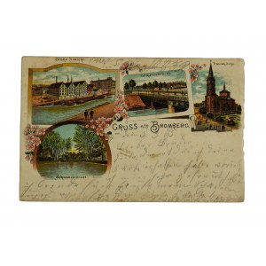 [BYDGOSZCZ] Pocztówka Gruss aus Bromberg, [litografia kolor.], cztery widoki